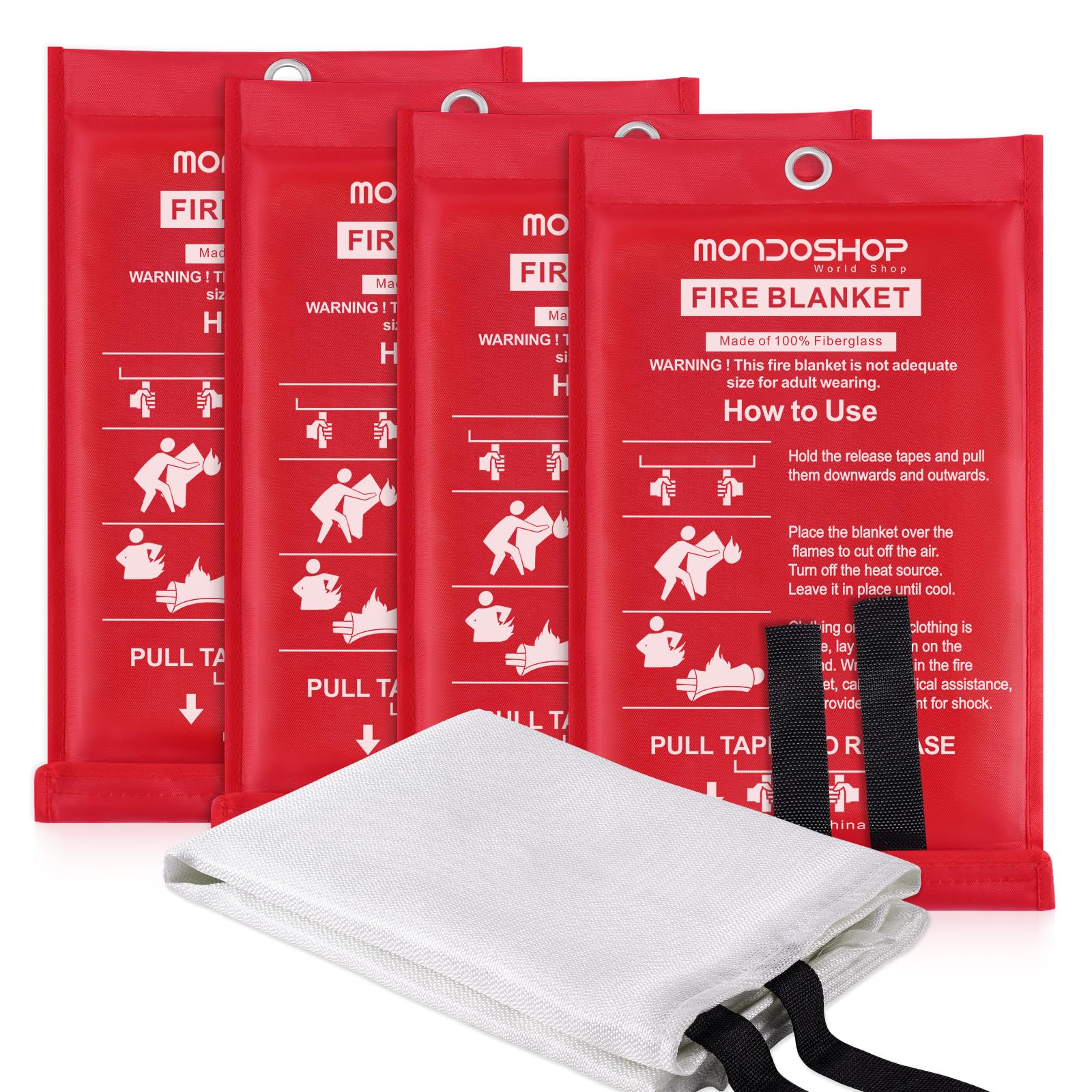Mondoshop Kitchen Fire Blanket Emergency for Home TUV Certified Fire Resistant Blanket for House, Household, Car, Campervan, Office, Warehouse, Fireplace, Camping, Picnic, Commercial (4-Pack) — image 1