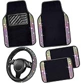 CAR PASS Bling Diamond Leather Steering Wheel Cover 14.5in-15in Floor Mats Shining Rhinestone Carpet Sparkly Glitter Crystal Anti-Slip Pad Fit Automotive SUV Pickup Truck Girl Women, 5pcs Multicolor