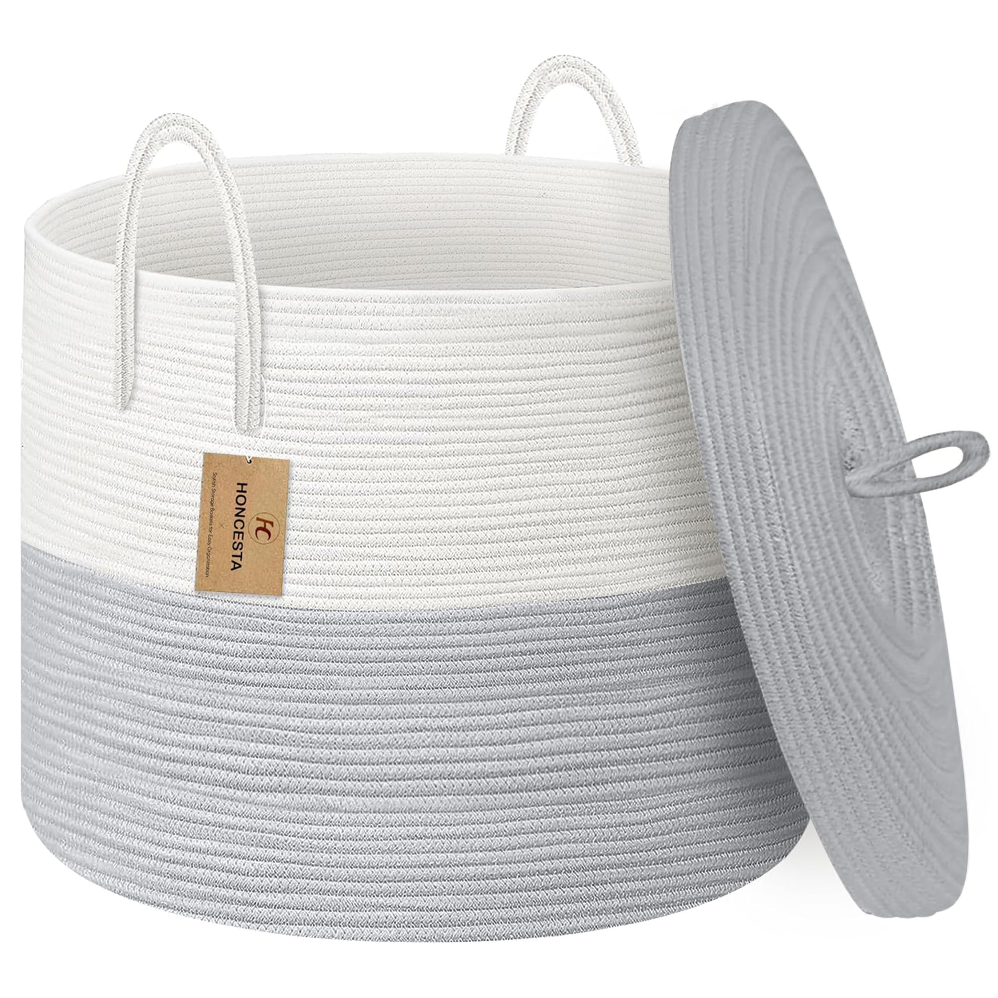 Photo 1 of HONCESTA 18" X 14" Large Wicker Basket with Lid, Blanket Basket Living Room, Woven Cotton Rope Storage Bin, Kids Dog Toy Storage Bin Box, Tall Laundry Hamper, Blankets Pillows Organizer Holder