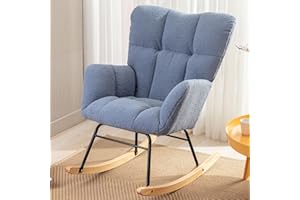 Sudwesto Modern Nursery Rocking Chair, Upholstered Glider Chair with High Backrest, Rocker Accent Armchair with Solid Wood Legs for Nursery Bedroom Living Room (Light Blue Teddy)