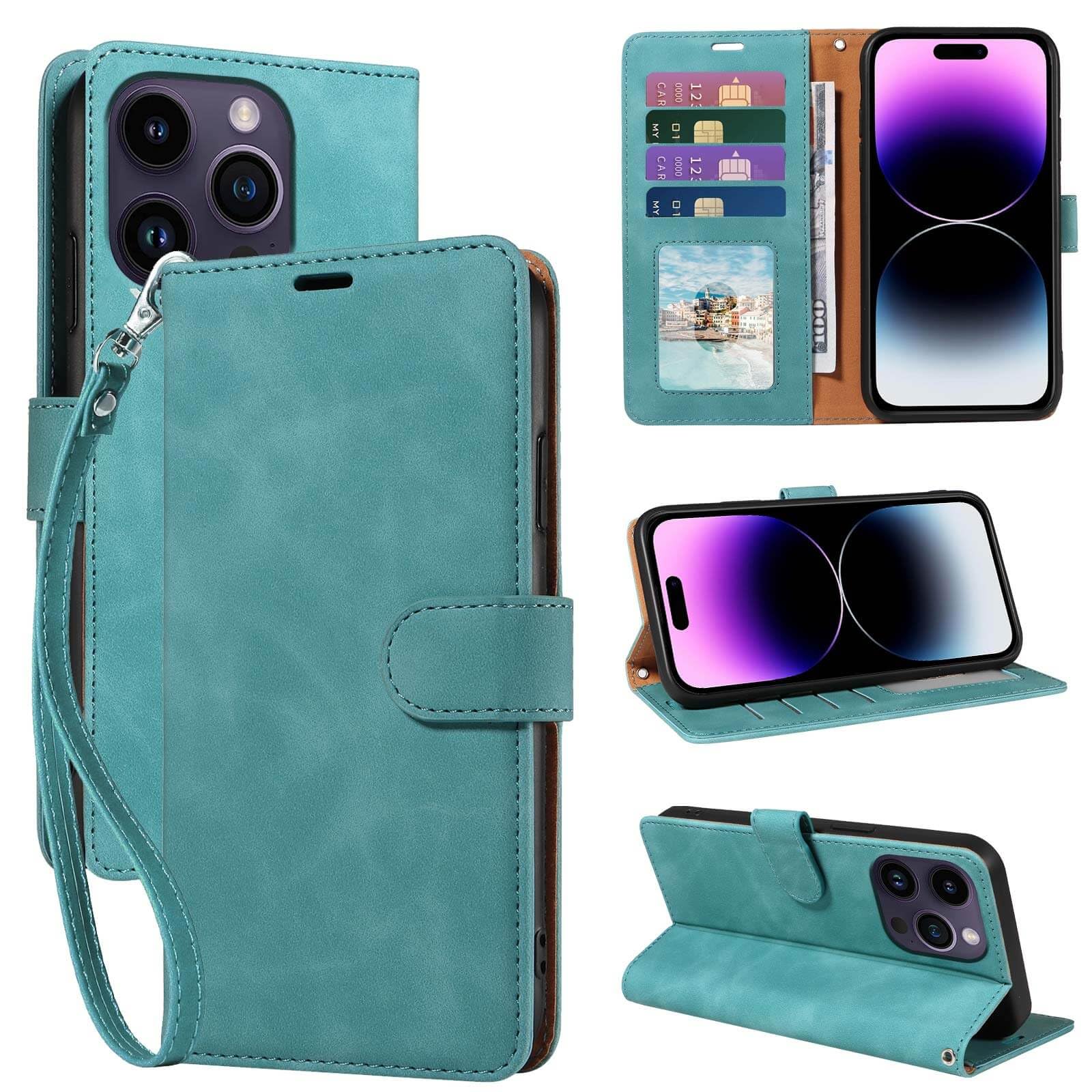 GOTOURED for iPhone 14 Pro Phone Case Wallet, RFID Blocking 4 Card Slots, Wrist Strap, Kickstand, Magnetic Closure, Shockproof Protective Soft Leather Flip Cover (Green)