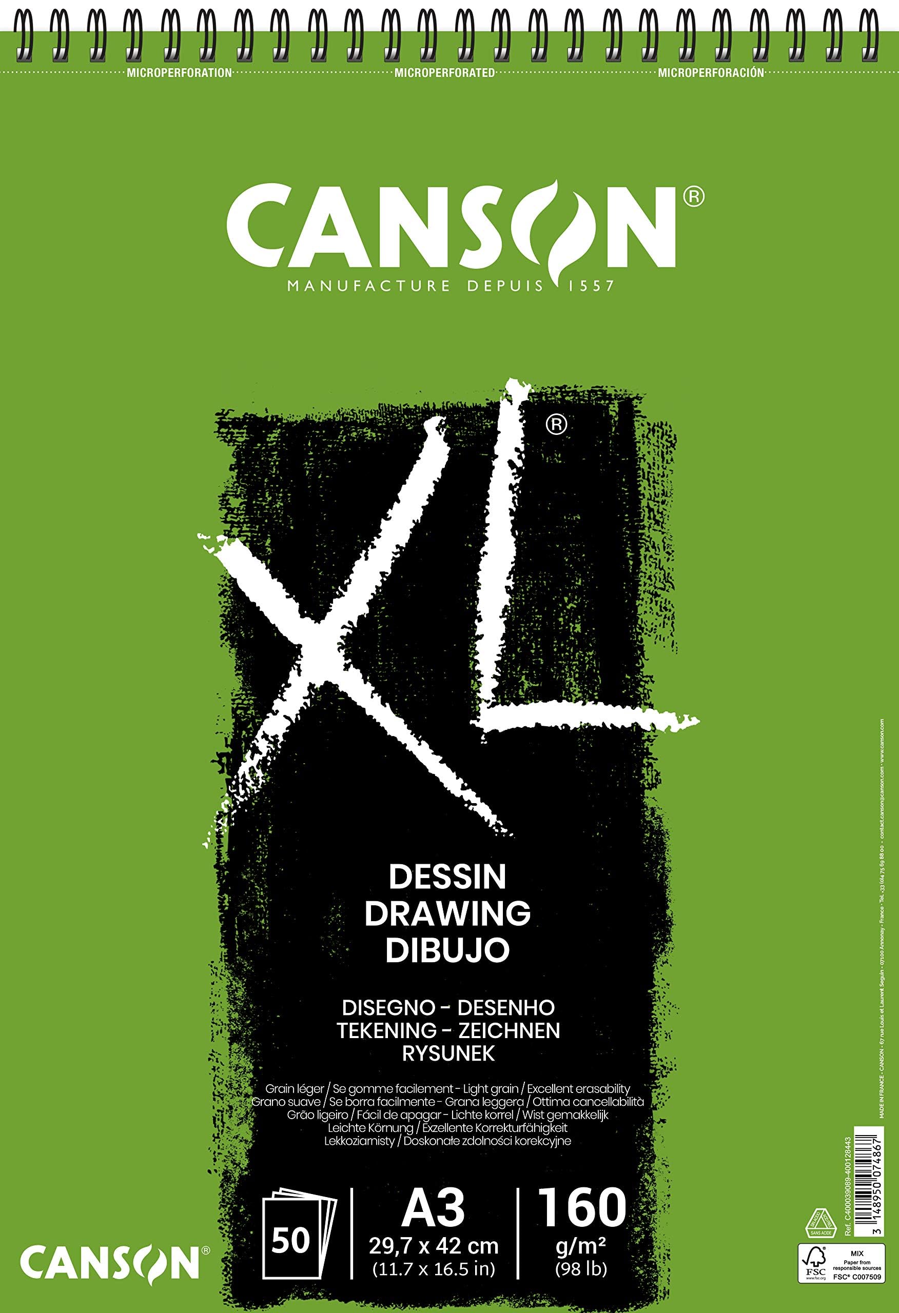 CANSON XL Drawing 160gsm A3 Paper, Light Grain, Spiral Pad Short Side, 50 White Sheets, For Professional Artists & Illustrators