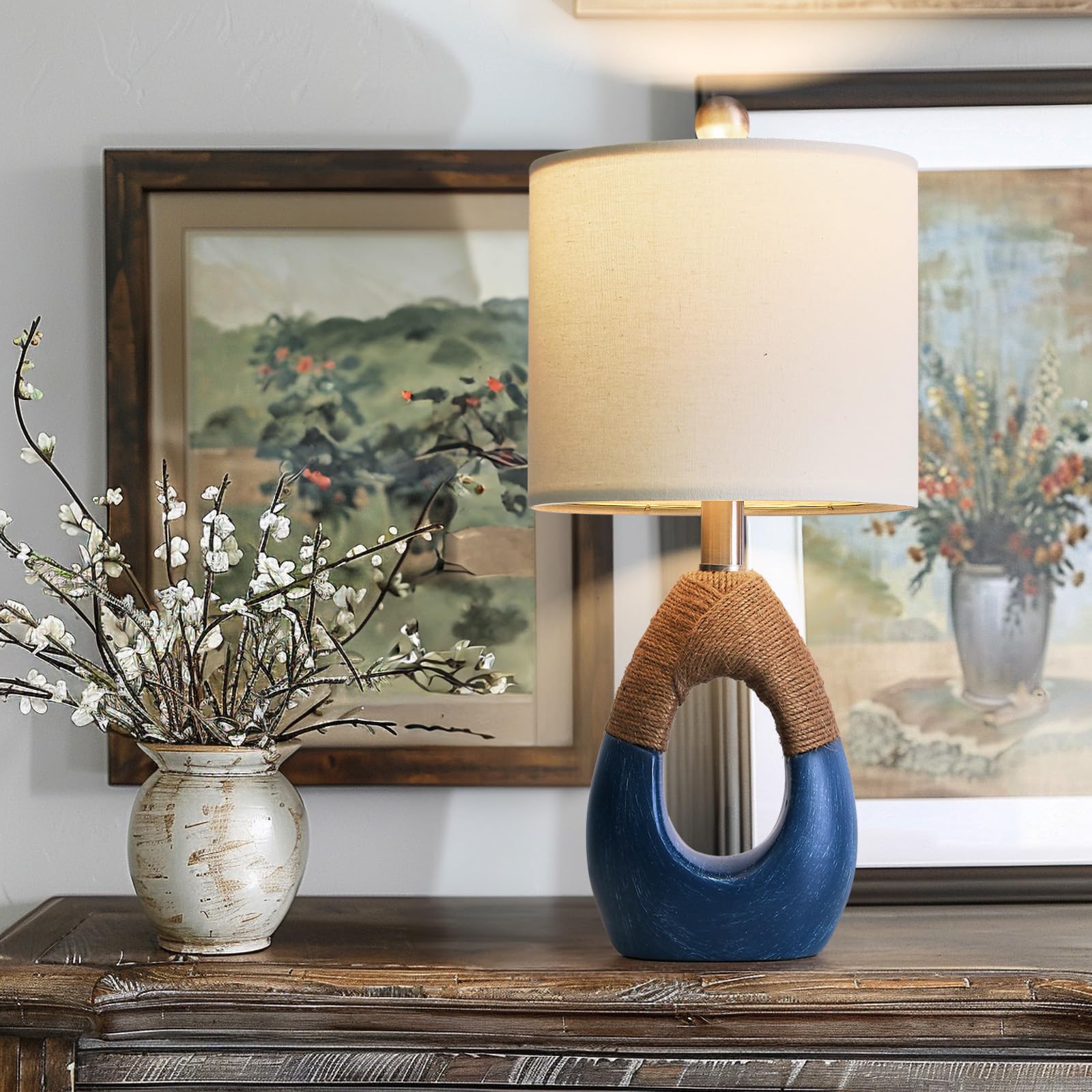 Photo 1 of OYEARS 19" Boho Lamp for Bedroom, Bedside for Nightstands, Table Lamp for Living Room,Suitable for Small Space,Coastal Farmhouse, End Table, Rattan Nautical Beach Style, Blue,1 Pack