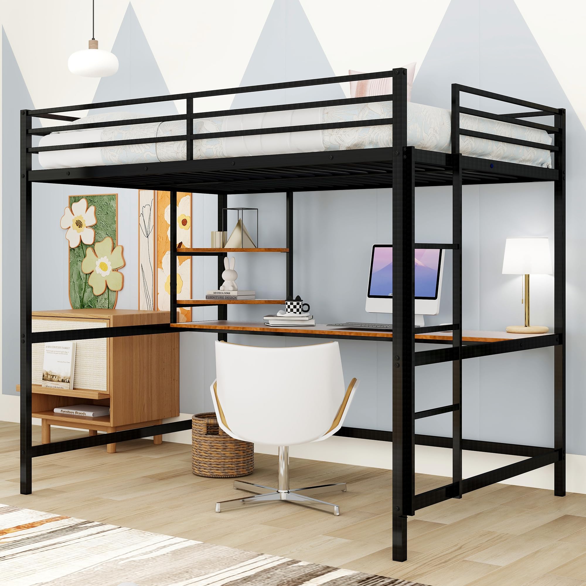 Photo 1 of **PARTS ONLY** Full Size Loft Bed with Desk and Storage Shelves,Heavy-Duty Loft Bed Full for Kids,Metal Loft Bed Frame with Safety Guardrail,Space-Saving(Full,Black)