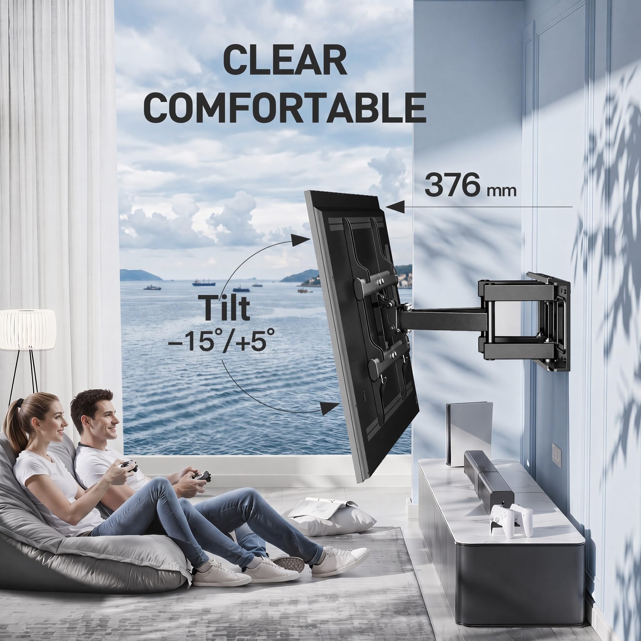 PERLESMITH TV Wandhalterung, für 37-85 Zoll Fernseher bis zu 60 kg, Schwenkbar Neigbar TV Halterung 55 65 Zoll, Wandhalterung Fernseher Max. VESA 600x400 mm 4