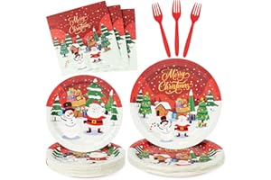 DECORLIFE Christmas Paper Plates and Napkins Sets Serve 24, Santa and Snowman Themed Christmas Party Supplies, Forks Included, Christmas Plates Disposable Table Decorations for Kids, Total 96PCS