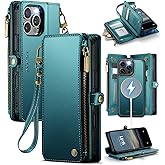 Defencase for iPhone 16 Pro Magnetic Wallet Case Compatible with Magsafe with RFID Blocking Zipper Strap Card Holder for Women Men PU Leather Detachable Case for iPhone 16 Pro (6.3 inches), Blue Green