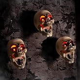 Halloween Animatronics Floating Scary Skull, Hanging Animated Decorations, Pathway Markers Skeleton with Sound Activated, Talking, Light Up Eyes, Haunted Horror Prop for Indoor, Outdoor (3Pack)