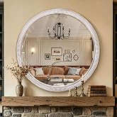 30 Inch Wooden Round Mirror for Wall Decor, Rustic Distressed Mirrors | HD Tempered Glass with A Boho Frame, Ideal for Bathroom Over Sink, Living Room, Foyer, or Entryway Farmhouse Decor