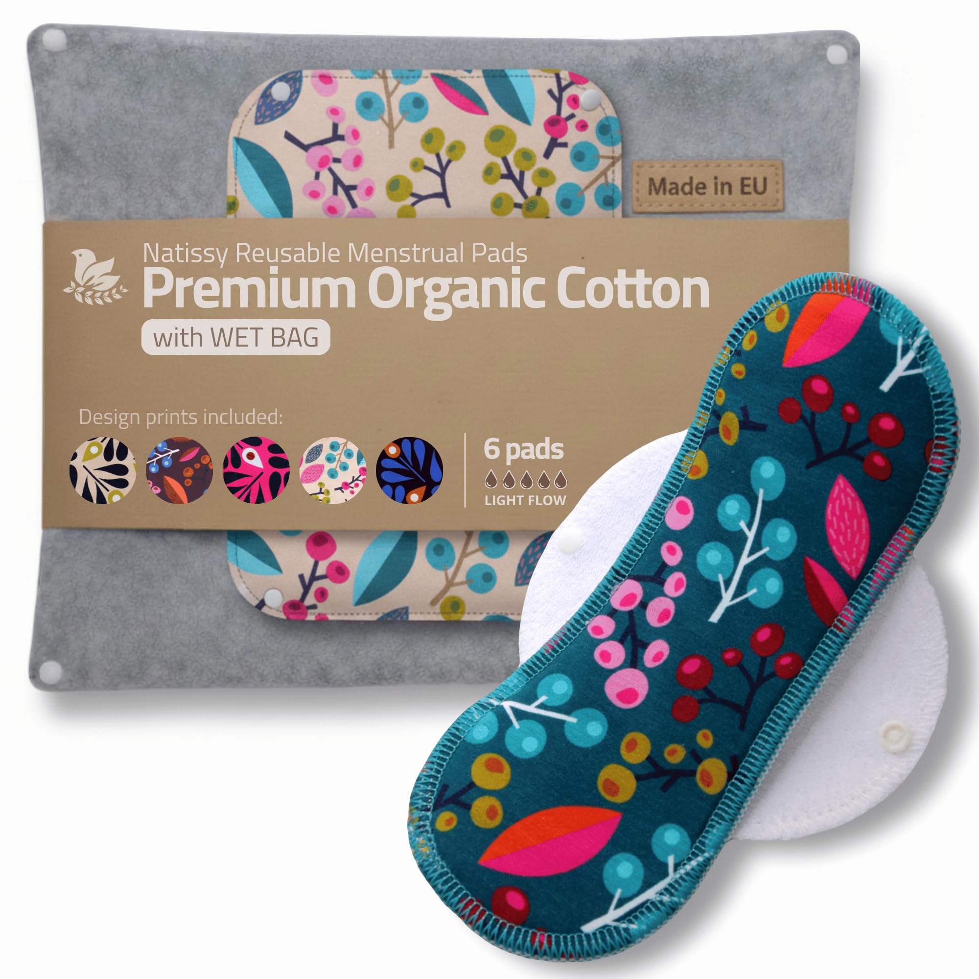 Made in EU – Reusable Sanitary Pads for Light Flow (6 Pack, S+M) – High-Temp Washable, Durable Cloth Period Pads for Women & Teens – Breathable Organic Cotton & Secure-Fit for Menstrual Comfort