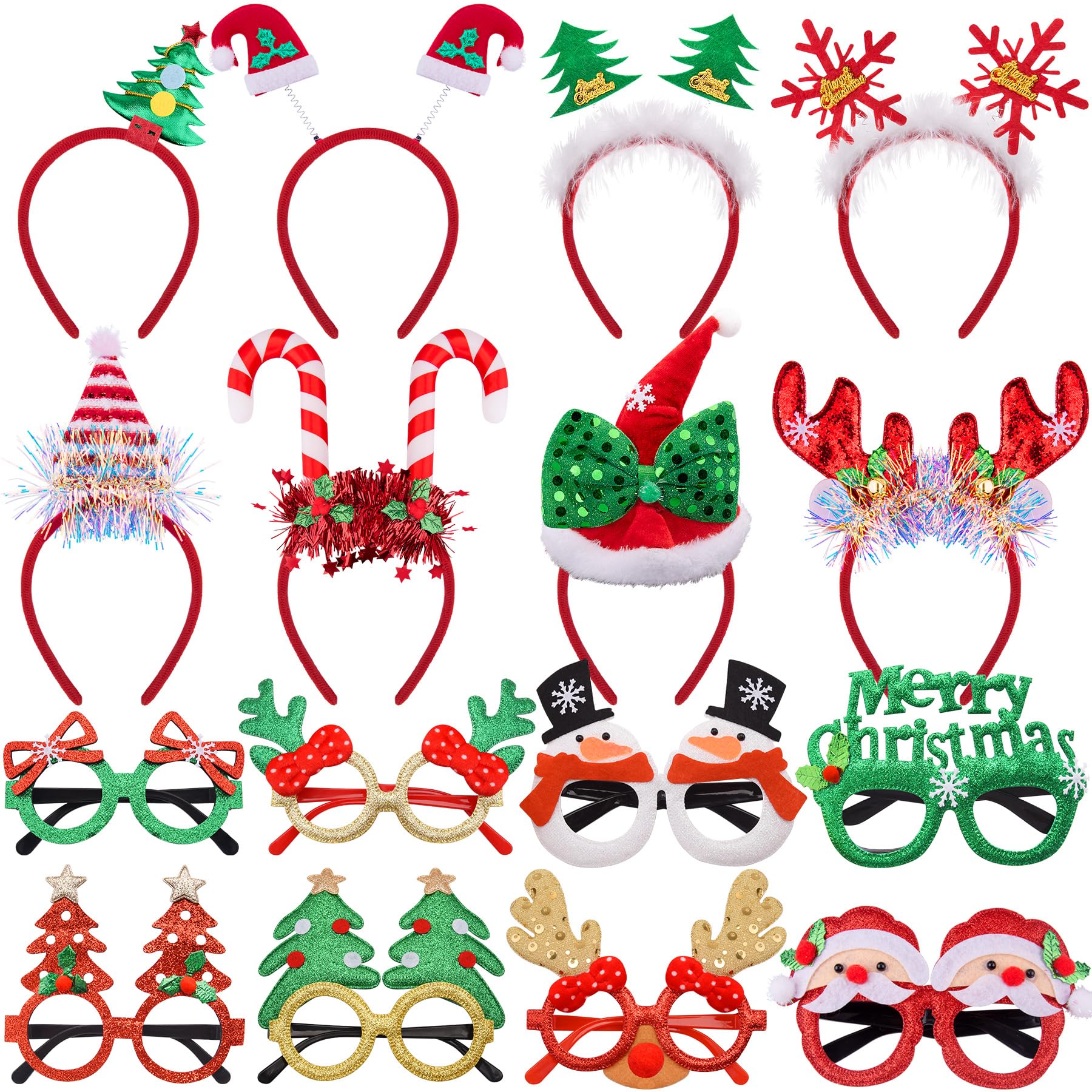 SIQUK 16 Pcs Christmas Party Favour with 8 Pcs Christmas Headbands and 8 Pcs Christmas Glasses Frames Reindeer Snowman Christmas Tree Headband Glasses Frames Party Favours Decorations for Christmas