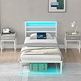 CollaredEagle Twin Size Bed Frame with Headboard, Metal Platform Bed Frame with LED, Charging Station, No Box Spring Needed, Easy Assembly, Noise Free, White