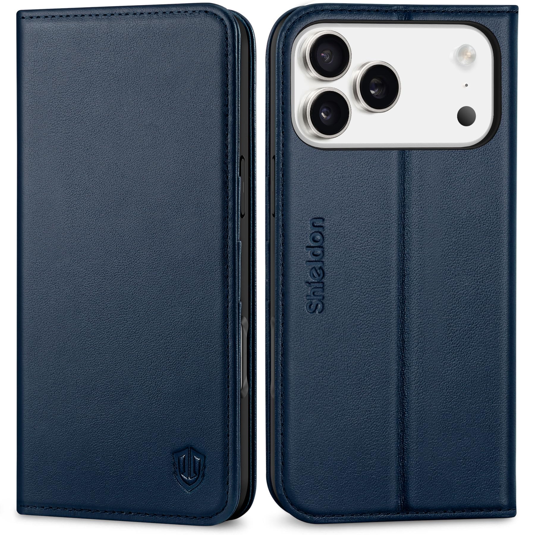 Photo 1 of SHIELDON Genuine Leather Case Wallet for iPhone 17 Pro Max 6.9-inch 2025 | Foldable Kickstand, RFID Blocking 3 Credit Card Holder, Magnetic, Shock-Absorbent Phone Cover - Navy Blue