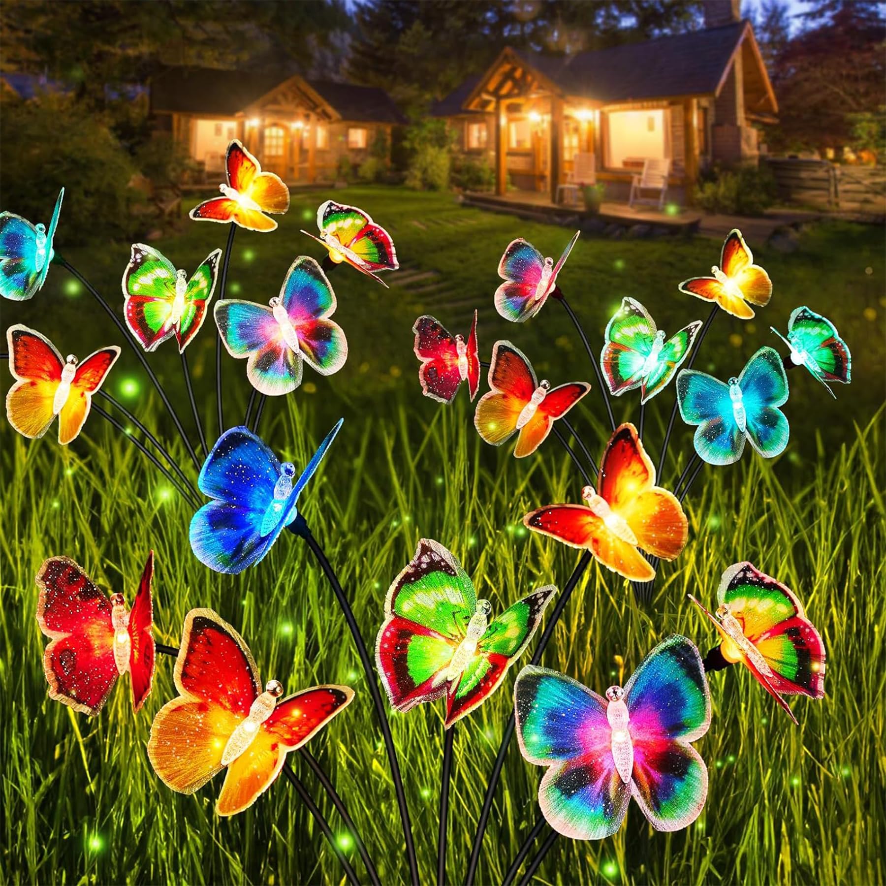 TZEKING 2 Pack 14 LED Solar Butterfly Waving Lights, Outdoor, Multicolor, IP65 Waterproof, Garden Lights