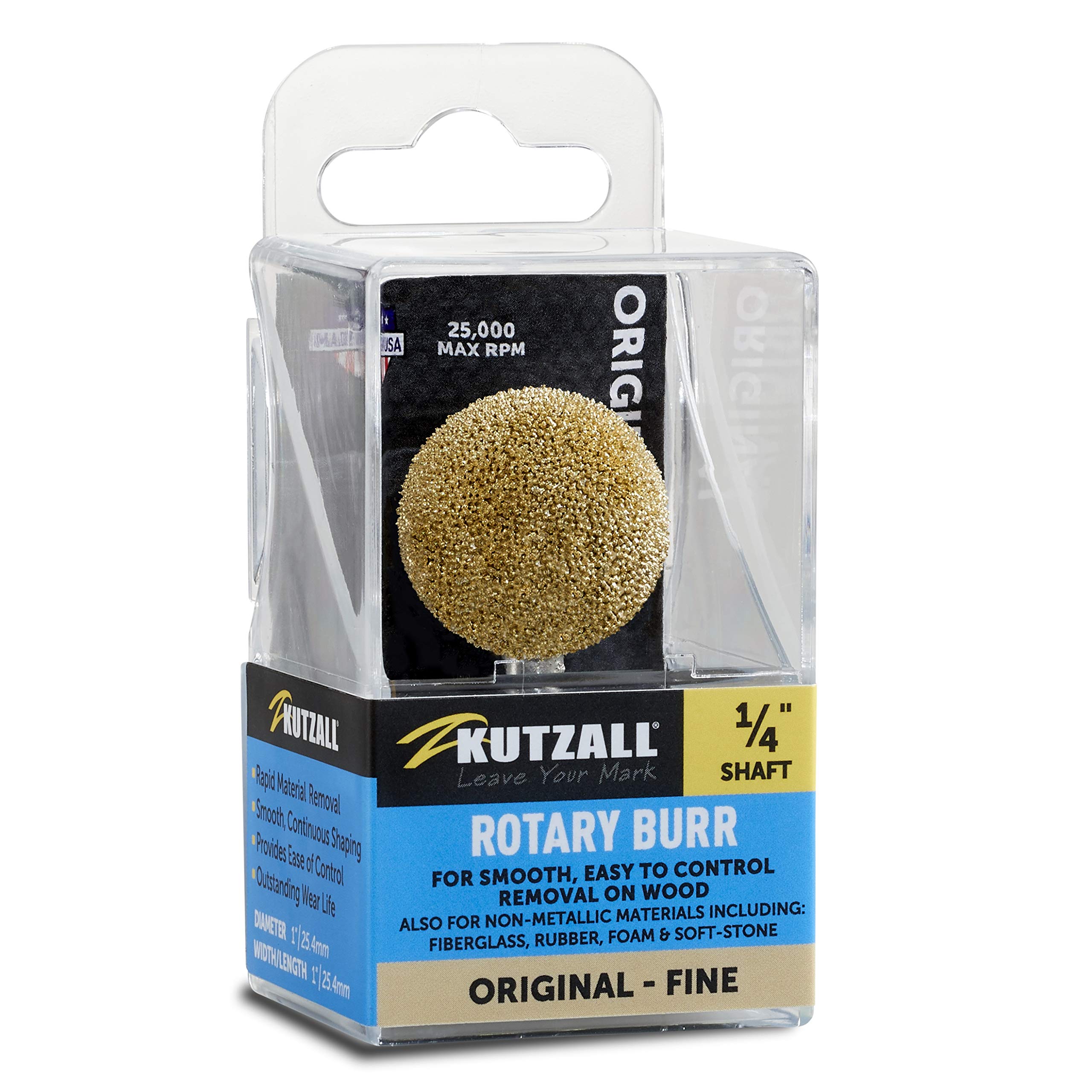 Kutzall Original Sphere Rotary Burr, 1⁄4" Shaft, Fine - Woodworking Attachment for Bosch, DeWalt, Milwaukee, Makita Tools. Abrasive Tungsten Carbide Coating, 1" (25.4mm) Head Diameter, S-1G
