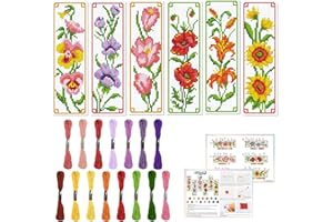 ORIGACH 6 Set Flowers Cross Stitch Bookmark Kit for Beginner with Backing Felt Floss Instructions DIY Stamped Embroidery Bookmark Kit for Adults, Book Lovers