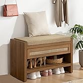 SICOTAS Rattan Shoe Bench Entryway Bench with Storage Drawer and Linen Seat Cushion, Farmhouse Boho Shoe Rack Bench with Shel