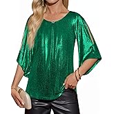 Yousify Womens 3/4 Sleeve Tops Trendy Glitter Sparkly Pleated Blouse Casual Party Crewneck Loose Fit Shirts