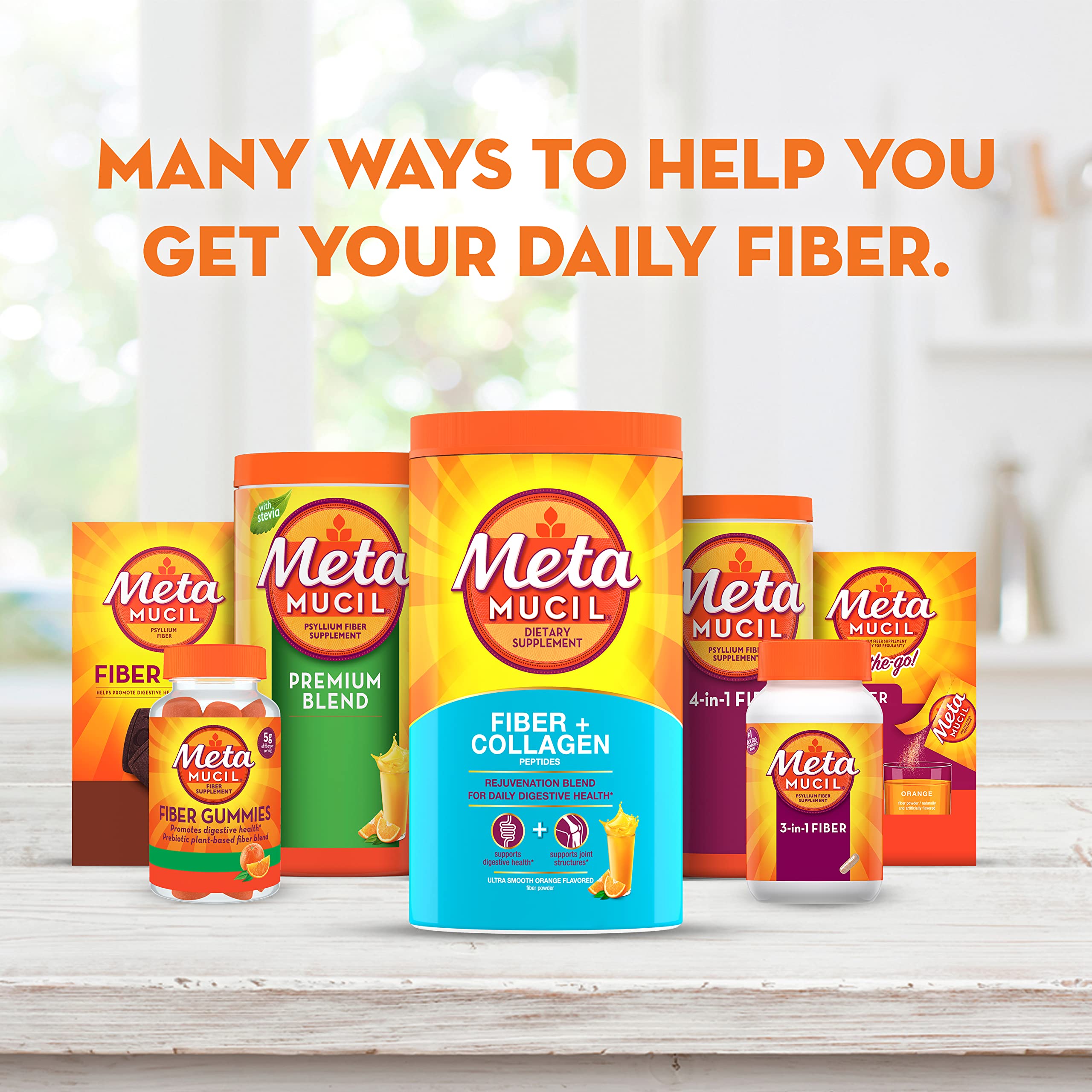 Metamucil Daily Fiber + Collagen, Psyllium Husk Powder, Plant Based Fiber Supplement, Sugar-Free with Stevia, 3-in-1 Fiber Supplement for Digestive Health, Orange Flavored, 90 Doses