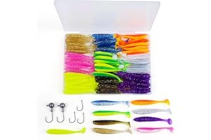 QEEGO Soft Fishing Lures，90pcs Fishing Soft Plastic Lures and 5pcs Fishhook,Paddle Tail Swimbaits Soft Plastic Lures Kit for Bass Trout Walleye Crappie