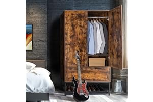 VINGLI 38" W Armoire, Wardrobe Closet with Hanging Rod, Bedroom 71" Freestanding Wardrobe Cabinet with Doors, Adjustable Shelves and Drawer, Open Compartment, Rustic Brown