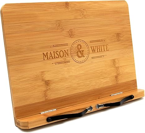 Amazon Com Bamboo Book Stand Book Tablet Rest Cookbook Reading Holder With 2 Metal Page Holders Foldable Adjustable Stand Recipe Book Holder M W Home Kitchen