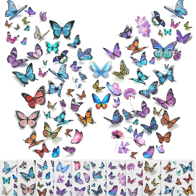 Amazon Com 204 Pieces Butterfly Tattoos 3d Butterfly Temporary Tattoos Butterfly Body Art Stickers Waterproof Decal Sticker For Woman Girls Kids Halloween Cosplay Butterfly Theme Party Favor 20 Sheets Beauty