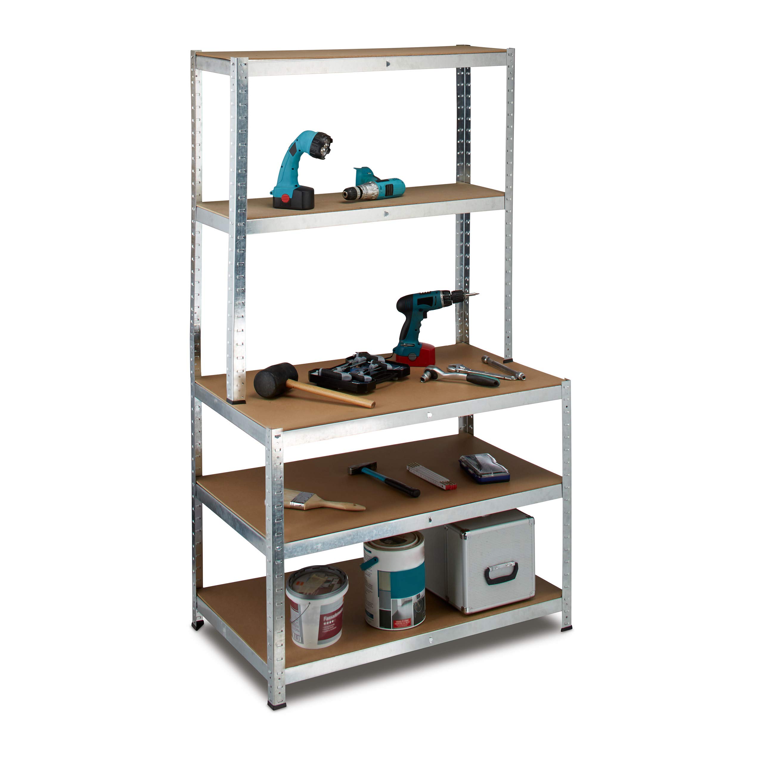 Relaxdays Utility Shelves with Work Bench, 900 kg, 5 Shelves, Free-Standing, Size: 180 x 100 x 60 cm, Metal, MDF, Boltless Shelving Unit, Grey