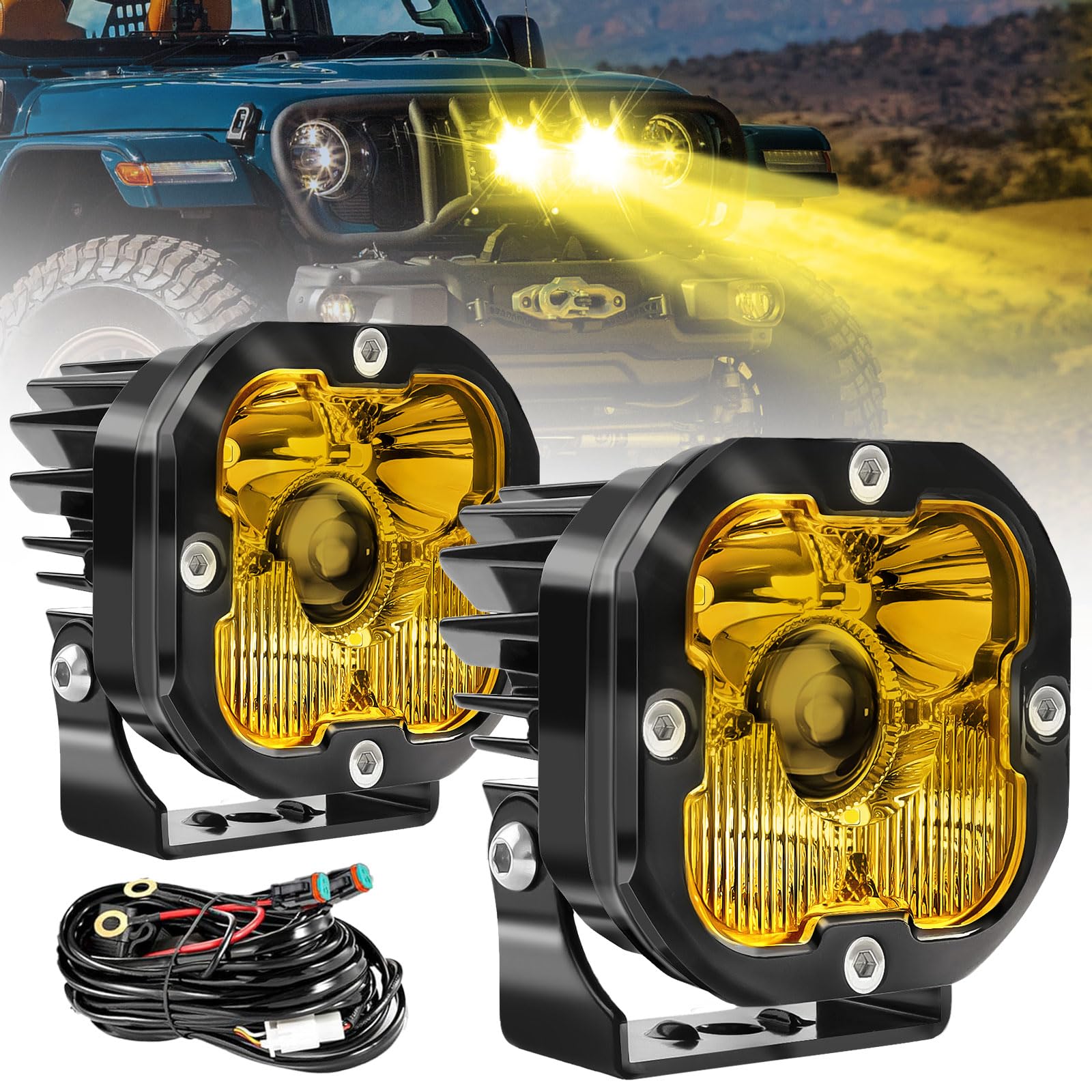 JG-AUTO Ultra Bright Yellow Fog Lights – 1000M Shooting Beam, 100W, 3500K Amber LED Pods For Off-Road Trucks, ATV, UTV & Motorcycles