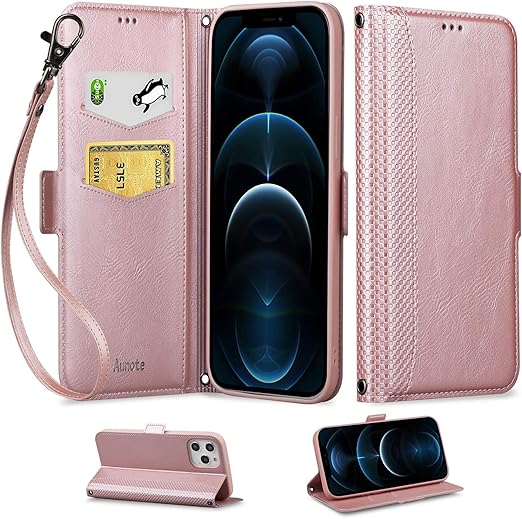 Amazon Com Aunote Designed For Iphone 12 Pro Max Case Compatible With Iphone 12 Pro Max Cases With Card Holder And Kickatand Pu Leather Wallet Case With Wristest For Iphone 12 Pro Max Rose Gold