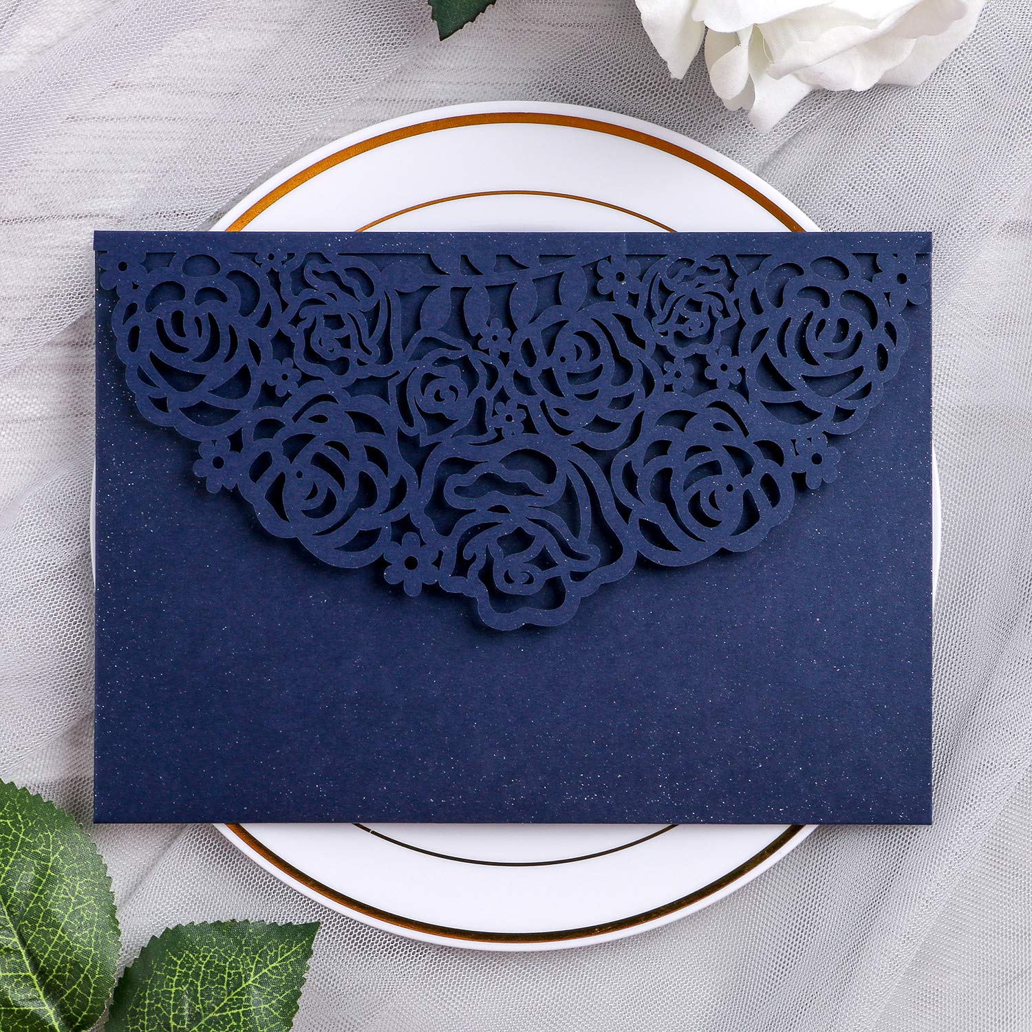 YIMIL 20 Pcs 5.12 x 7.21 inch Tri-fold Laser Cut Wedding Invitation Pocket for Wedding Quinceanera Bridal Shower Baby Shower Party Invite (Navy Blue)