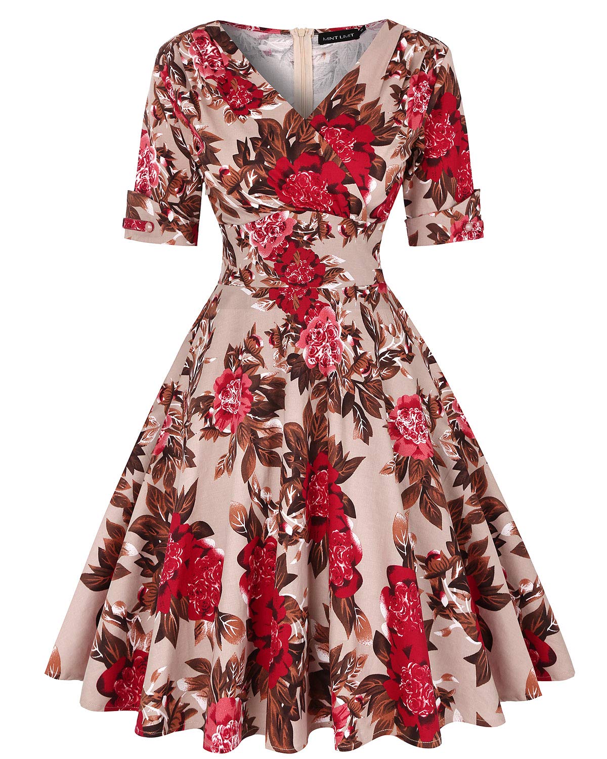 Women Retro Dress Rockabilly Half Sleeve Pleated Floral Swing Cocktail