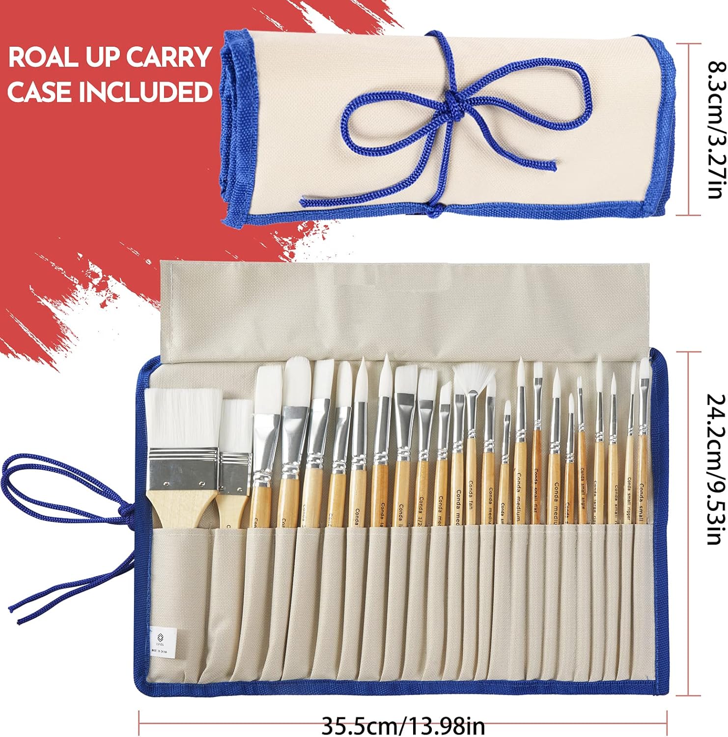 CONDA Paint Brushes Set of 24 Different Shapes Ergonomic Professional Wood Handles with Organizing Case for Acrylic Oil Watercolor, Rock Painting