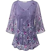 Bebonnie Womens Ruffle 3/4 Sleeve V Neck Double Layers Mesh Blouses Loose Fit Flowy Tunic Tops