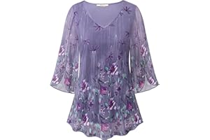 Bebonnie Womens Ruffle 3/4 Sleeve V Neck Double Layers Mesh Blouses Loose Fit Flowy Tunic Tops