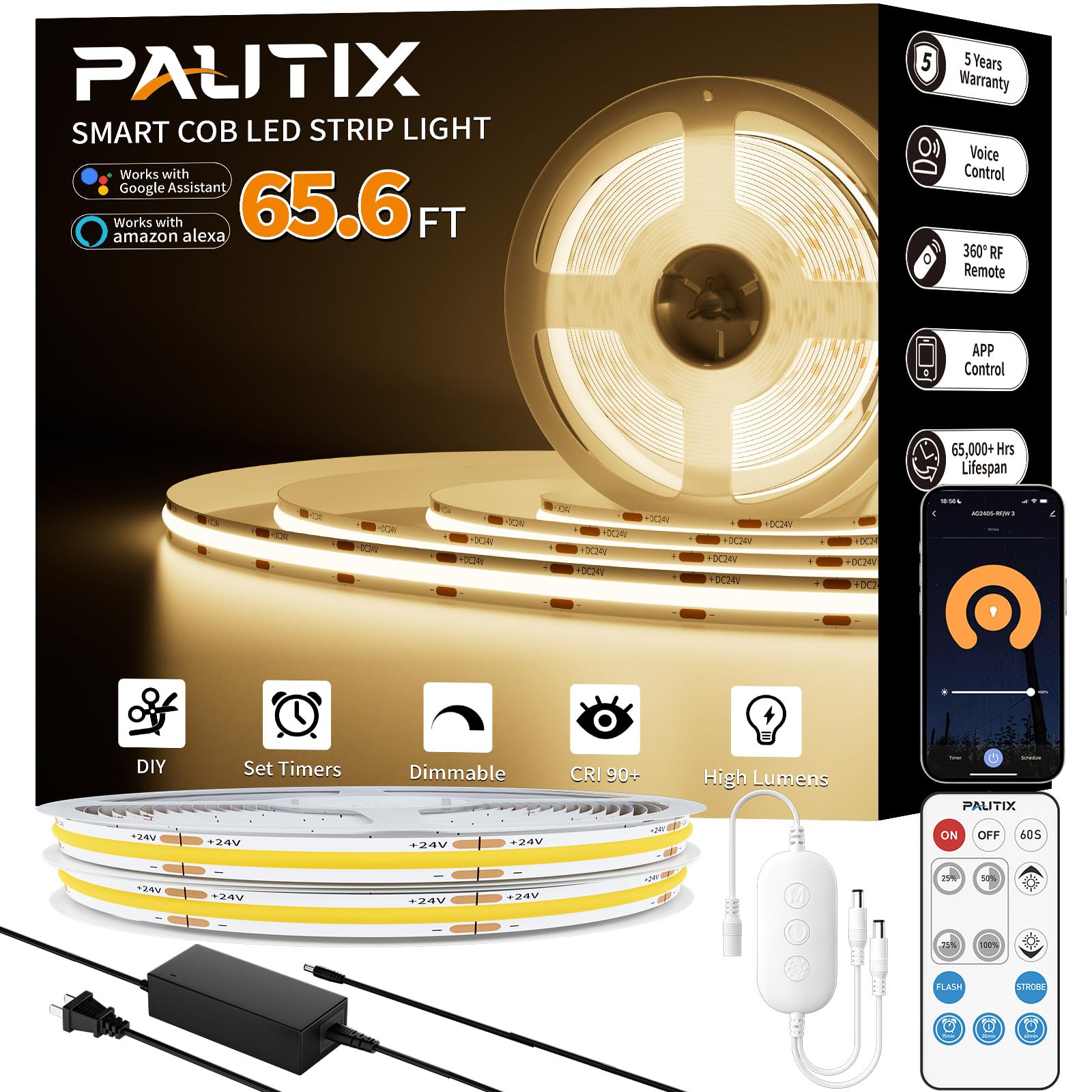 Photo 1 of PAUTIX COB LED Strip Light 65.6ft/20m,Work with Alexa/Google Assistant,9600 LEDs Warm White 3000K,CRI93+ Super Bright High Lumen,Dimmable 24V Flexible LED Light Strip,for Bedroom,Ceiling,Office,DIY