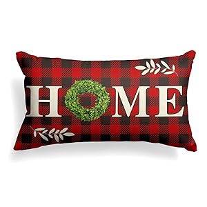 AVOIN Boxwood Wreath Home Throw Pillow Cover, Christmas Valentine Day Buffalo Check Plaid 12 x 20 Inch Farmhouse Linen Cushion Case Decoration for Sofa Couch