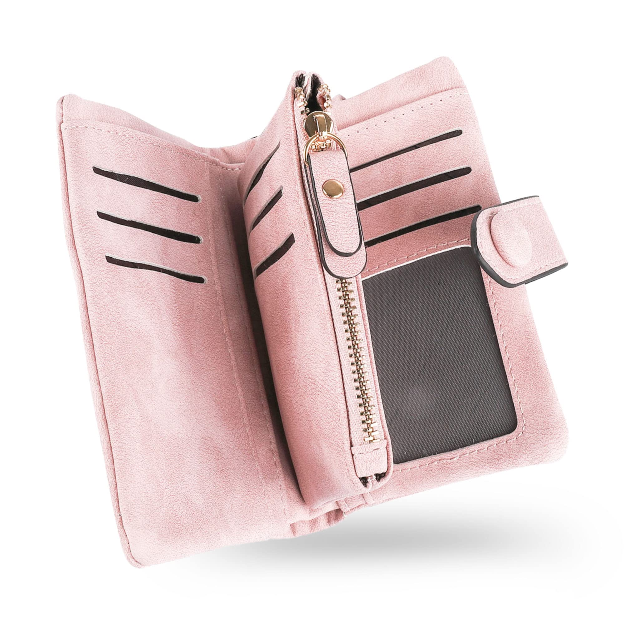 conisy Small Wallets for Women, Soft Leather Multi Card Holder RFID Blocking Womens Wallet with Wristlet Zipper Coin Pocket (Pink)