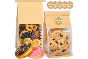 GOULIKFUL 50 Pack Cookie Bags with Seal, 8.2x3.9x3.1 Inch Tin Tie Tab Lock Bakery Bags with Window Resealable Paper Packaging Bag for Muffin, Granola, Candies, Scone, Brownie, Included 50 Thank You Stickers