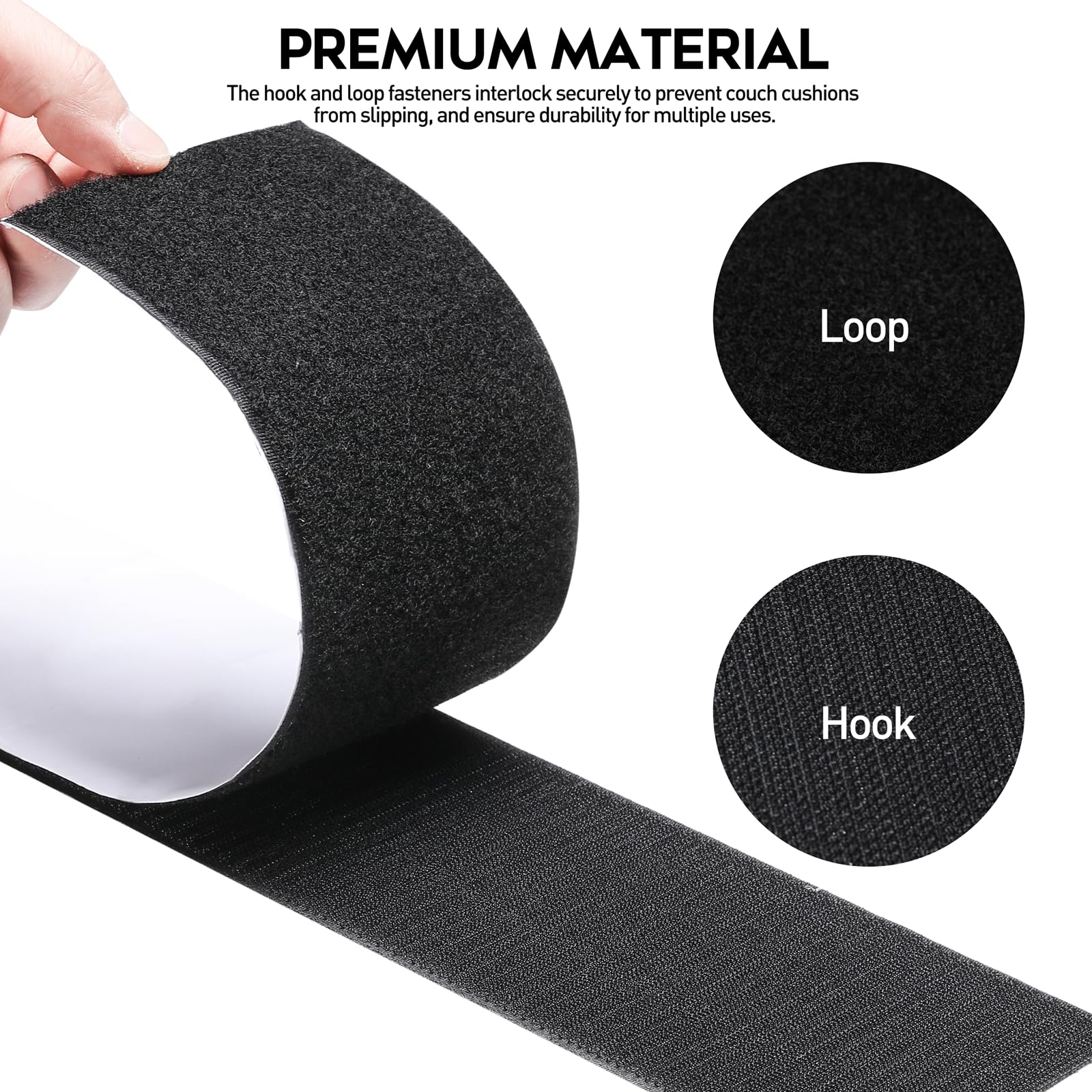 MAXECHO 4.4 Inches x 7 Feet Strong Sticky Back Heavy Duty Hook and Loop Tape with Adhesive, Non-Slip Couch Cushion Grip Accessories, Double Sided Strip Roll to Prevent Sliding, Black