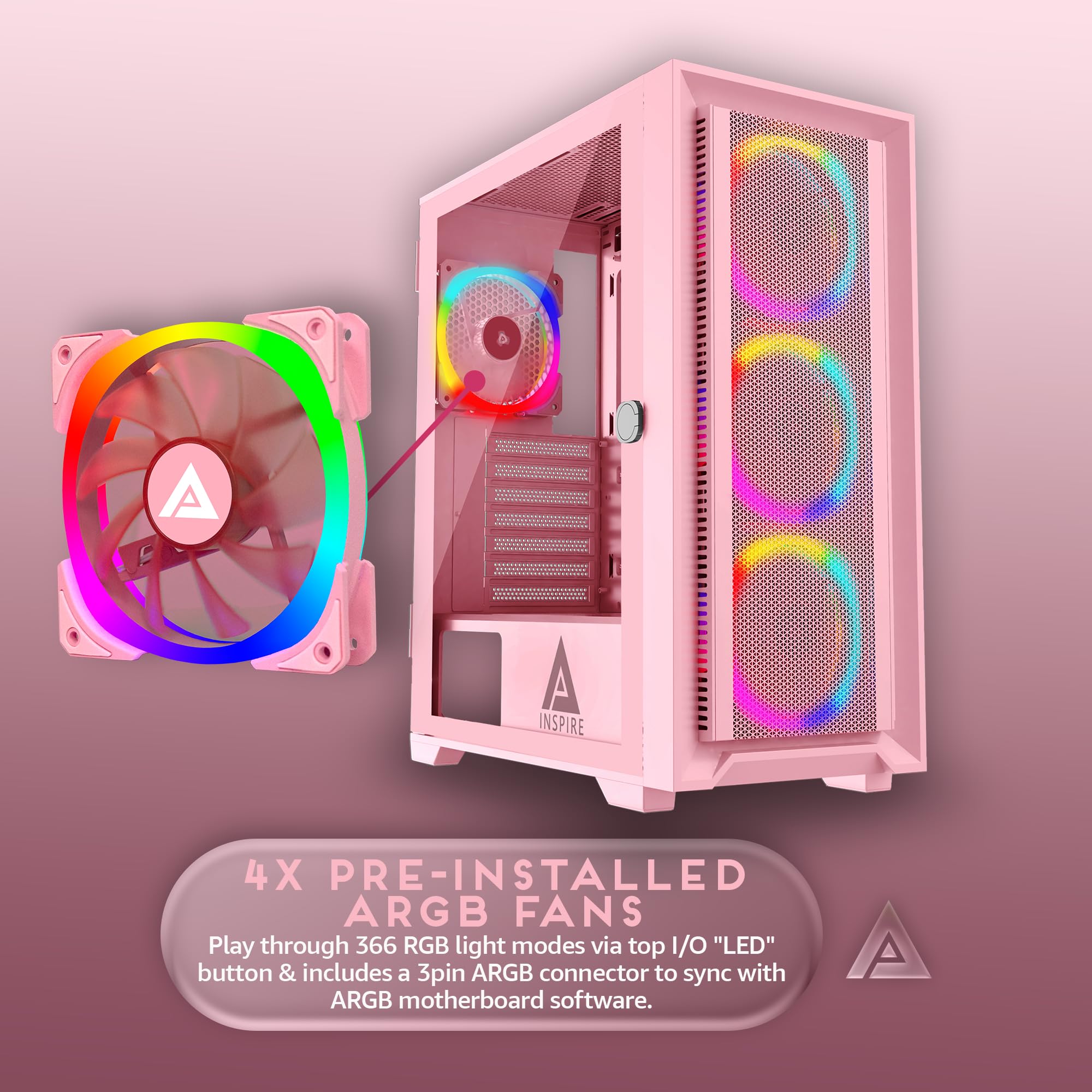 Apevia Inspire-PK Inspire Mid Tower ATX Gaming PC Case w/ 4X 120mm ARGB Fans, 366 RGB Light Modes, 1x Metal Mesh Airflow Front Panel, 1x Door Swivel Style Magnetic Glass Side Panel, 2X USB3.0, Pink