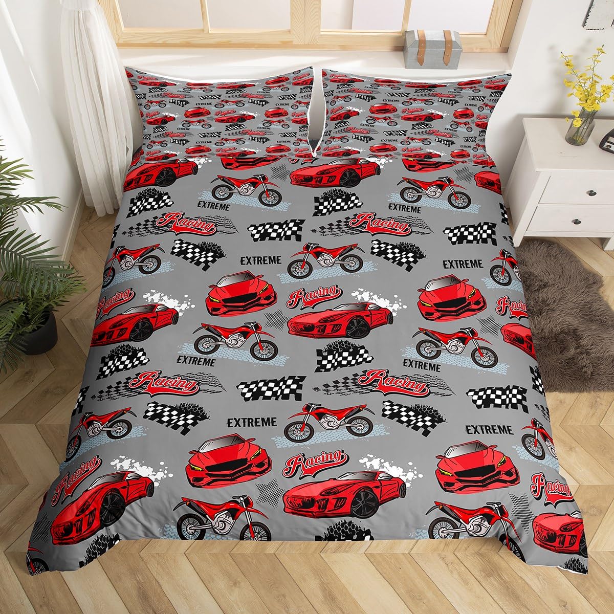 Manfei Racing Duvet Cover Set Single Size, Red Sports Car Race Motorbike Bedding Set 2pcs for Kids Boys Room Decor, Extreme Sports Theme Comforter Cover Black White Grid Quilt Cover with 1 Pillowcase — image 1