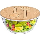 LOVYANXUE 10.6" Glass Salad Bowl with Sealed Lid, 4.7 Quart Large Capacity Serving Bowls and Mixing Bowls with Utensils, Versatile Glass Bowls for Salads, Trifle, Fruits, Pasta, Microwave Safe