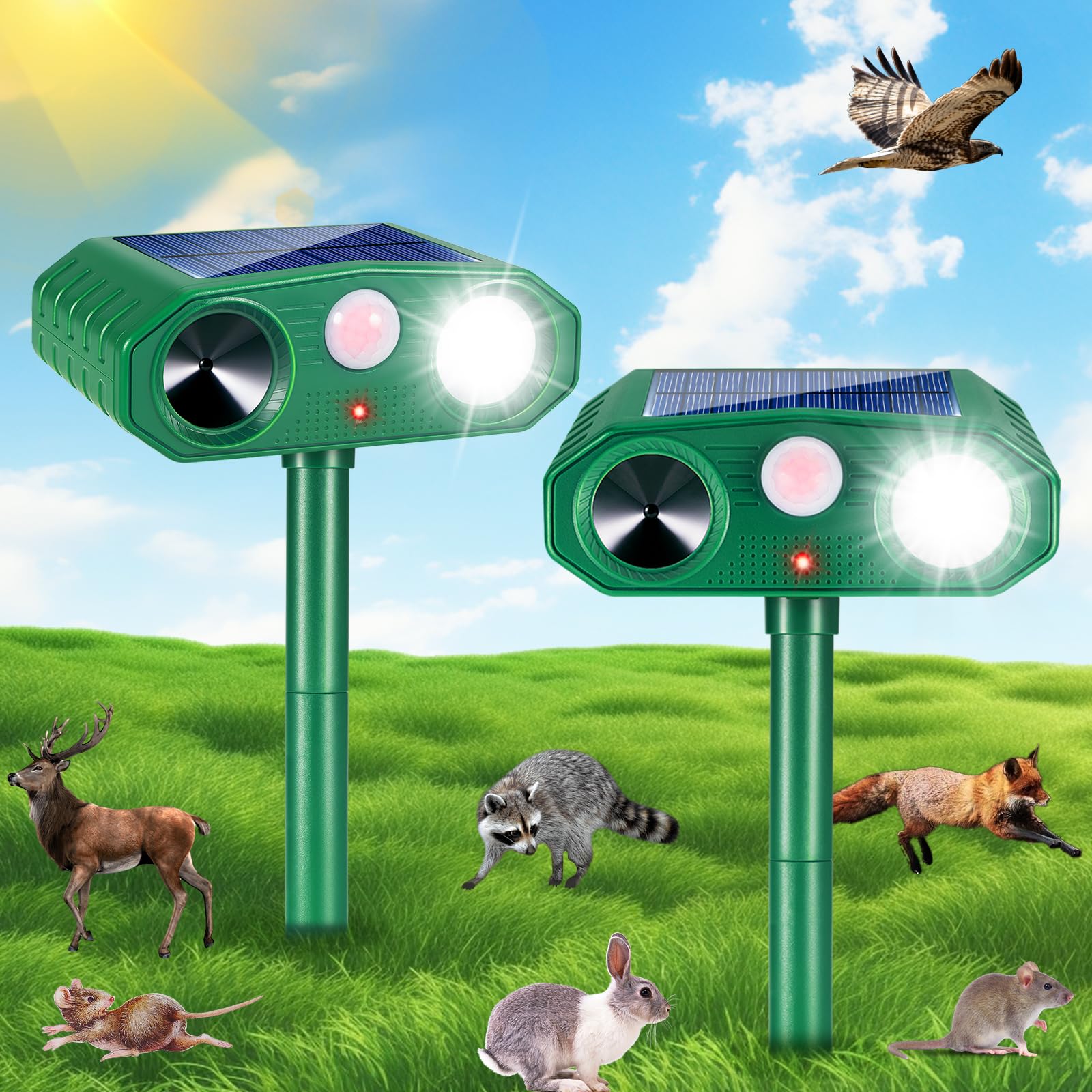 Photo 1 of 2 Pack Solar Animal Repellent Ultrasonic Outdoor Deer Repellent Devices Cat Deterrent with Motion Sensor Animal Repeller to Raccoon Squirrel Rabbit Dog Skunk with lP66 Waterproof for Yard Lawn