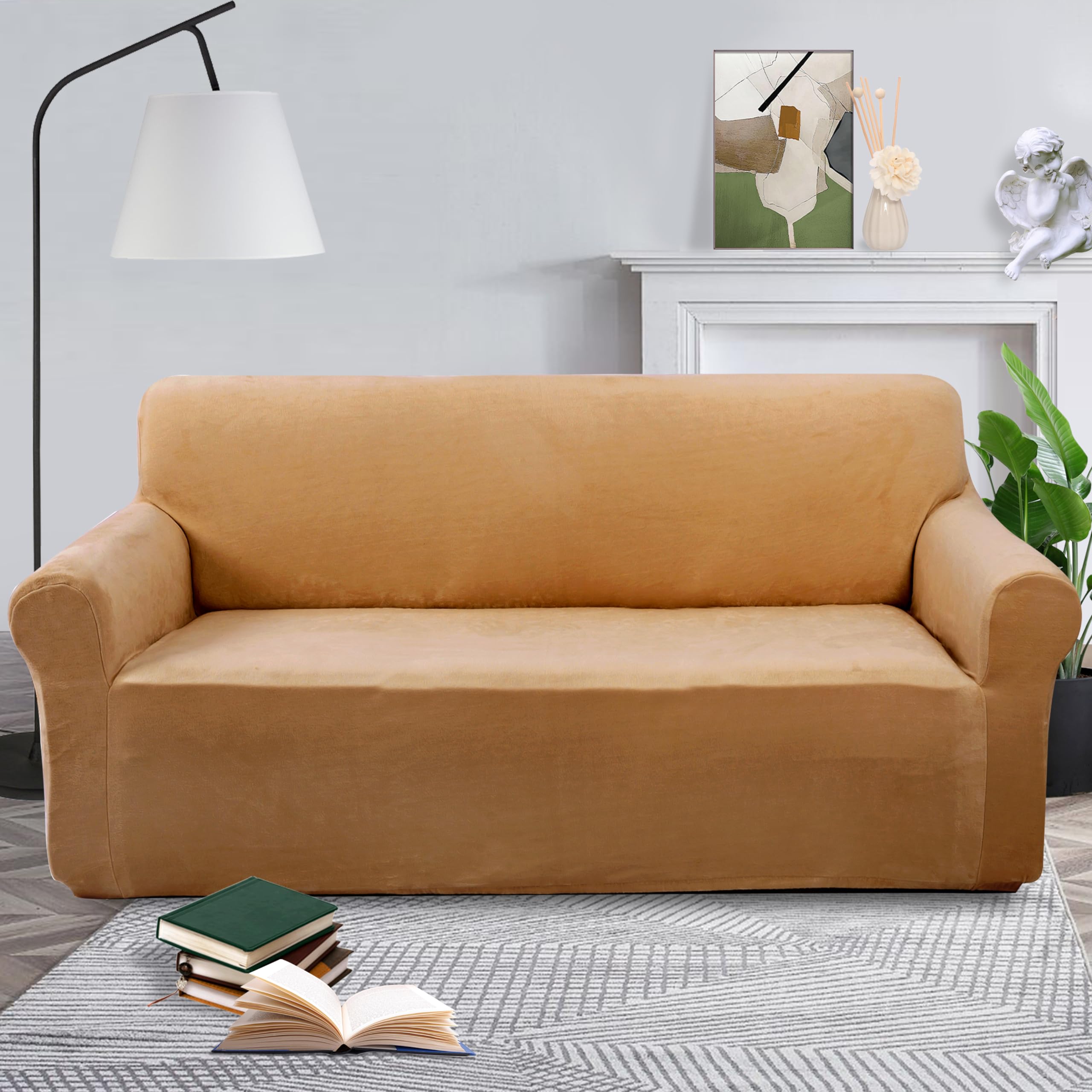 Photo 1 of U-NICE HOME Velvet Sofa Covers Stretch Couch Covers for 3 Cushion Couch Furniture Protector Sofa Slipcover (XL Large, Camel)