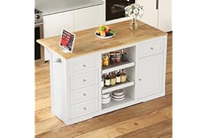 RoyalCraft 59'' Inch Kitchen Island with Storage and Drop Leaf, Island Table for Kitchen, Coffee Station Cabinet with Rubber Wood Top, Pull-Out Trays, Drawers, Adjustable Shelf, Power Outlet, White