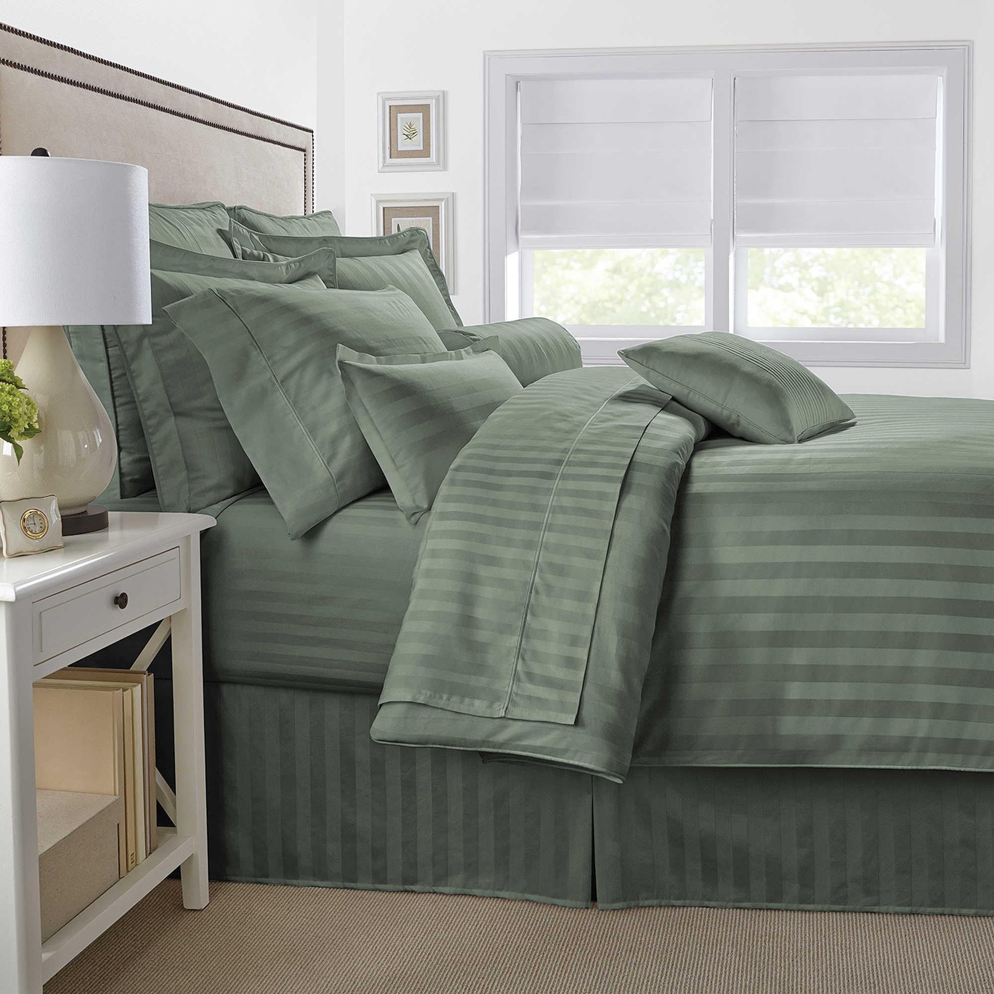 Bamboo Comforter (Striped) - Double Filled Super Plush Goose Down Alternative Comforter (HypoAllergenic, Eco-Friendly) (Queen, Green Sage)
