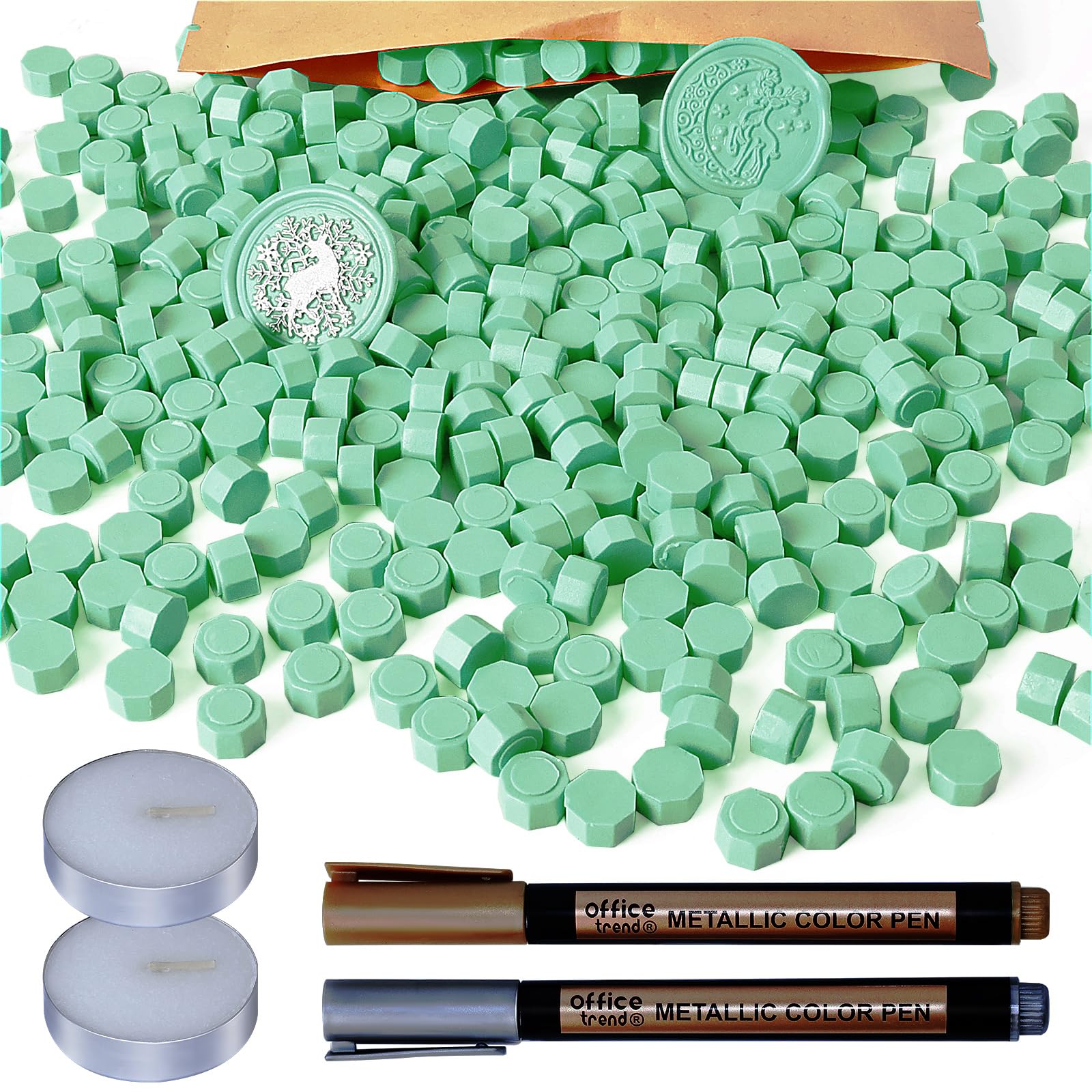WEWINK PLUS 304PCS Wax Seal Beads Set, 300PCS Green Sealing Wax Beads with 2Pcs Tea Candles and 2Pcs Metallic Pen for Invitations, Envelope, Crafts, Stamp Seals, Decoration, Letter, Gift