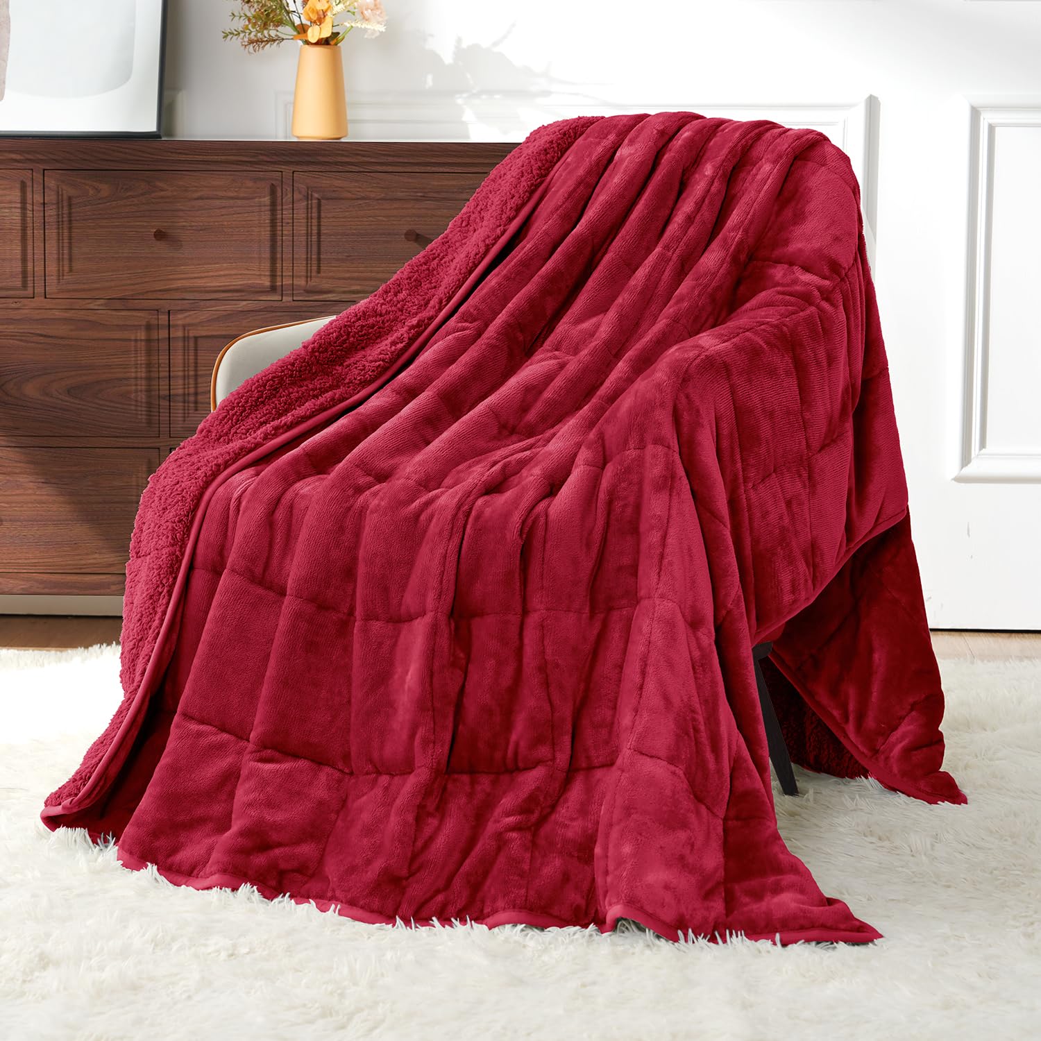 Uttermara Sherpa Fleece Weighted Blanket 15 lbs for Adult, Unicolor Ultra-Soft Fleece and Sherpa, Dual Sided Cozy Plush Blanket for Sofa Bed, 60 x 80 inches, Red Image