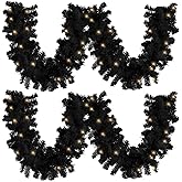 Hotop 9 ft Faux Spruce Artificial Christmas Garland LED Warm Pine Prelit Battery Operated Lighted Garland for Seasonal Indoor Home Fireplace Mantle Tree Stair Decor(2 Pcs,Black)